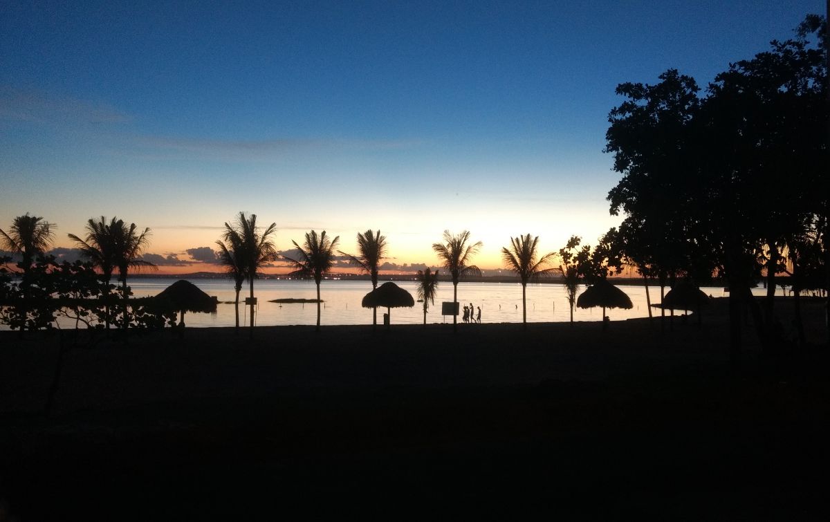 Foto da Praia da Graciosa, em Palmas TO, ao pôr do sol. Diversas palmeiras enfileiradas, escurecidas pelo contraste da luz, com céu sem nuvens
