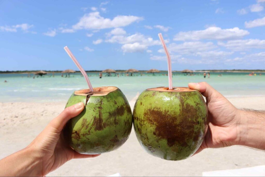 Duas mãos brindando com dois cocos. Ao fundo está o mar azul claro e é possível ver algumas pessoas aproveitando em Jericoacoara CE.