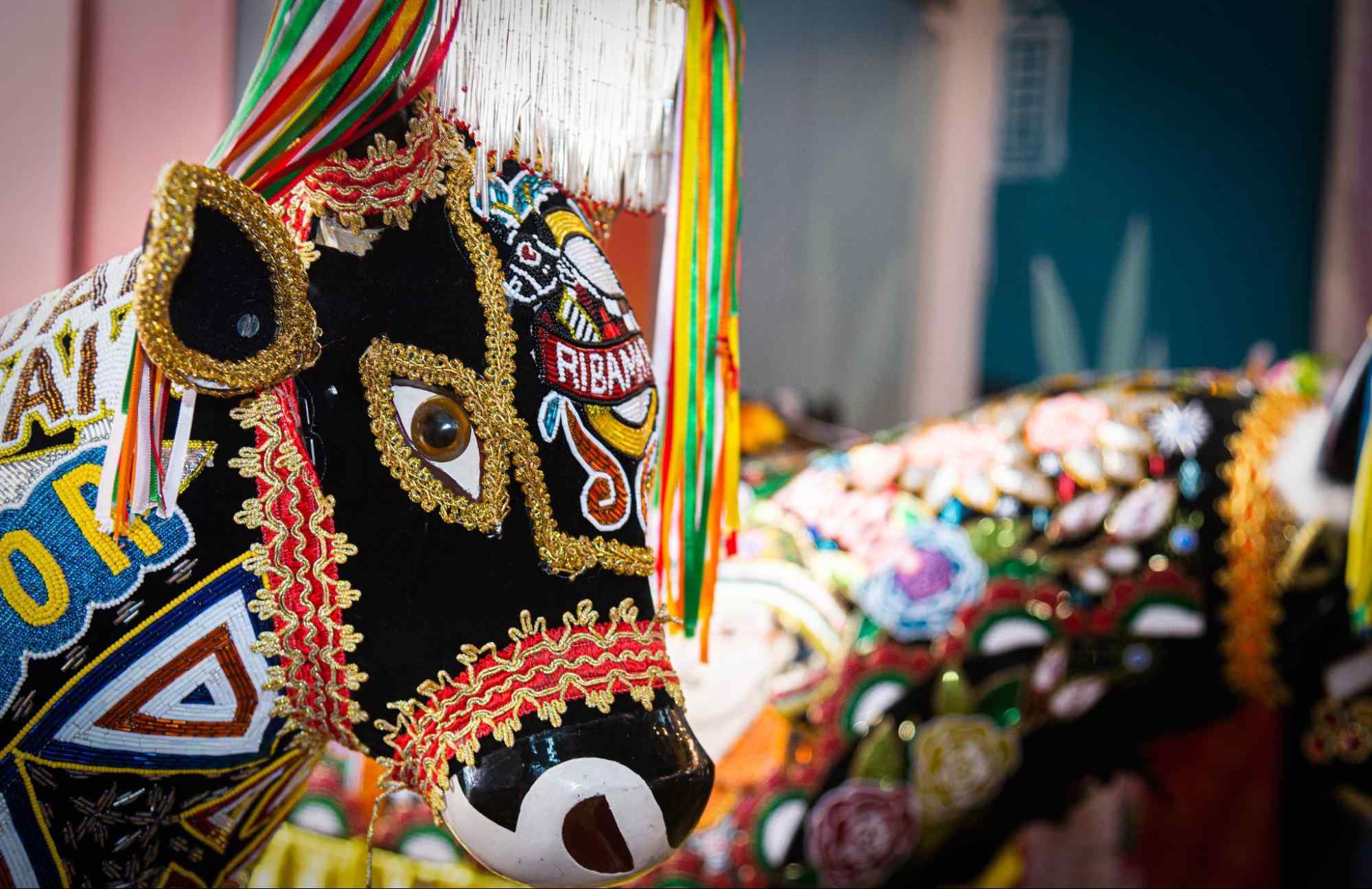 Esculturas de papelão usadas nas celebrações de bumba meu boi, no Maranhão. Elas representam bois ricamente enfeitados com lantejoulas, fitas coloridas e outros adereços