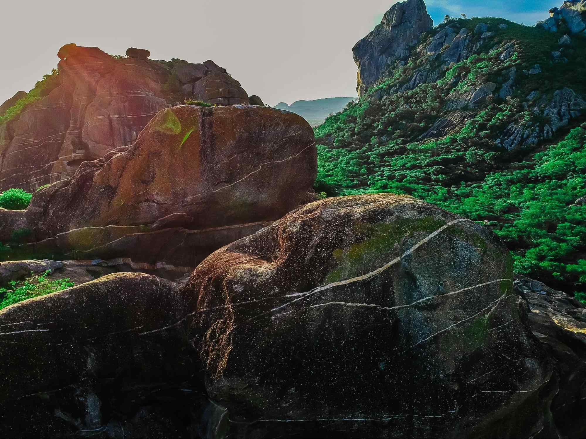 Pedras cobertas de vegetação e limo, espalhadas no topo do morro de uma das montanhas de Quixadá, CE.