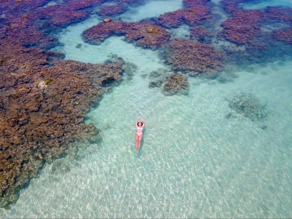 Banhista flutuando de costas em uma piscina natural de Maragogi. Em meio às águas cristalinas e sem ondas, há muitas áreas cobertas por corais escuros