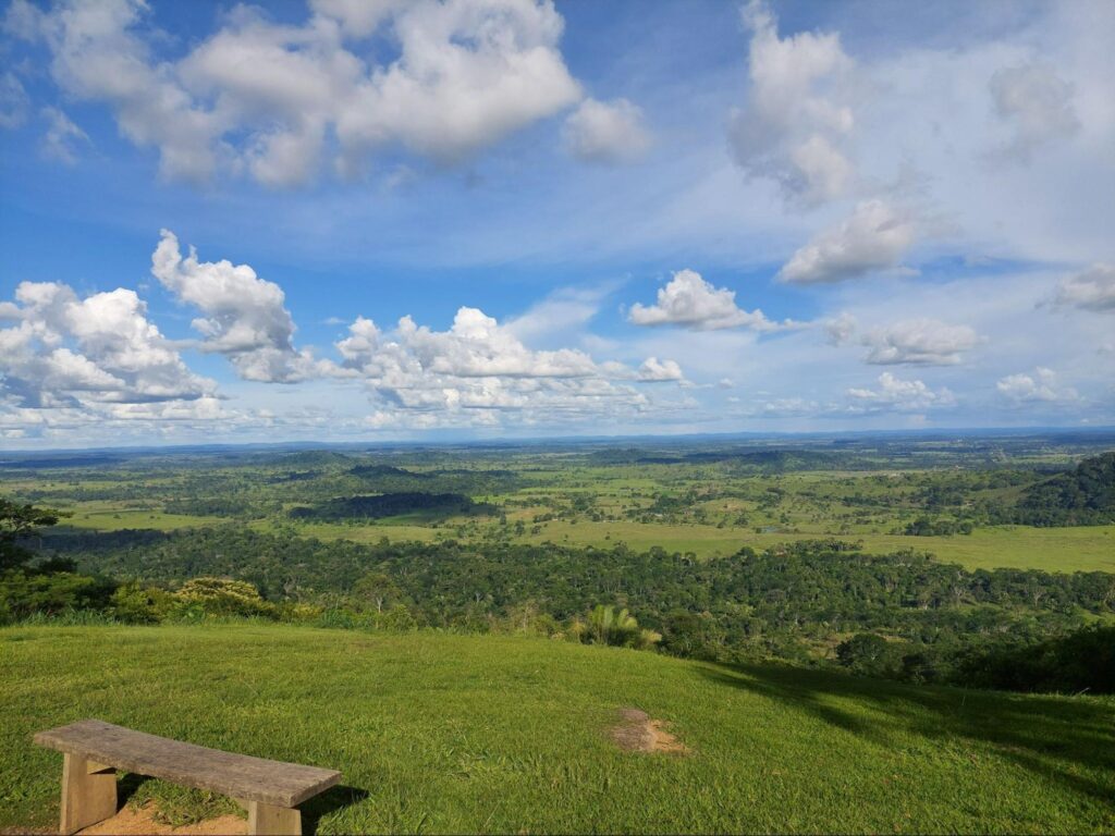 Paisagem da vista do Morro Chico Mendes. Vasto campo verde, com vegetação natural da região e céu azul com nuvens brancas.