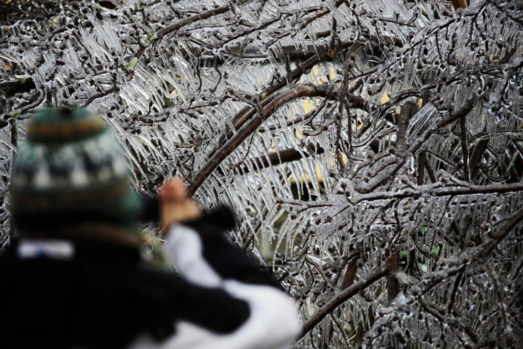 Pessoa usando roupas de frio, de costas e fotografando a paisagem congelada de São Joaquim