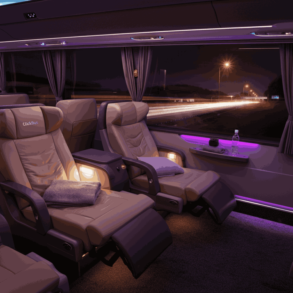 Interior de ônibus categoria leito-cama mostrando poltronas totalmente reclináveis em couro, com espaço amplo entre assentos e iluminação suave.