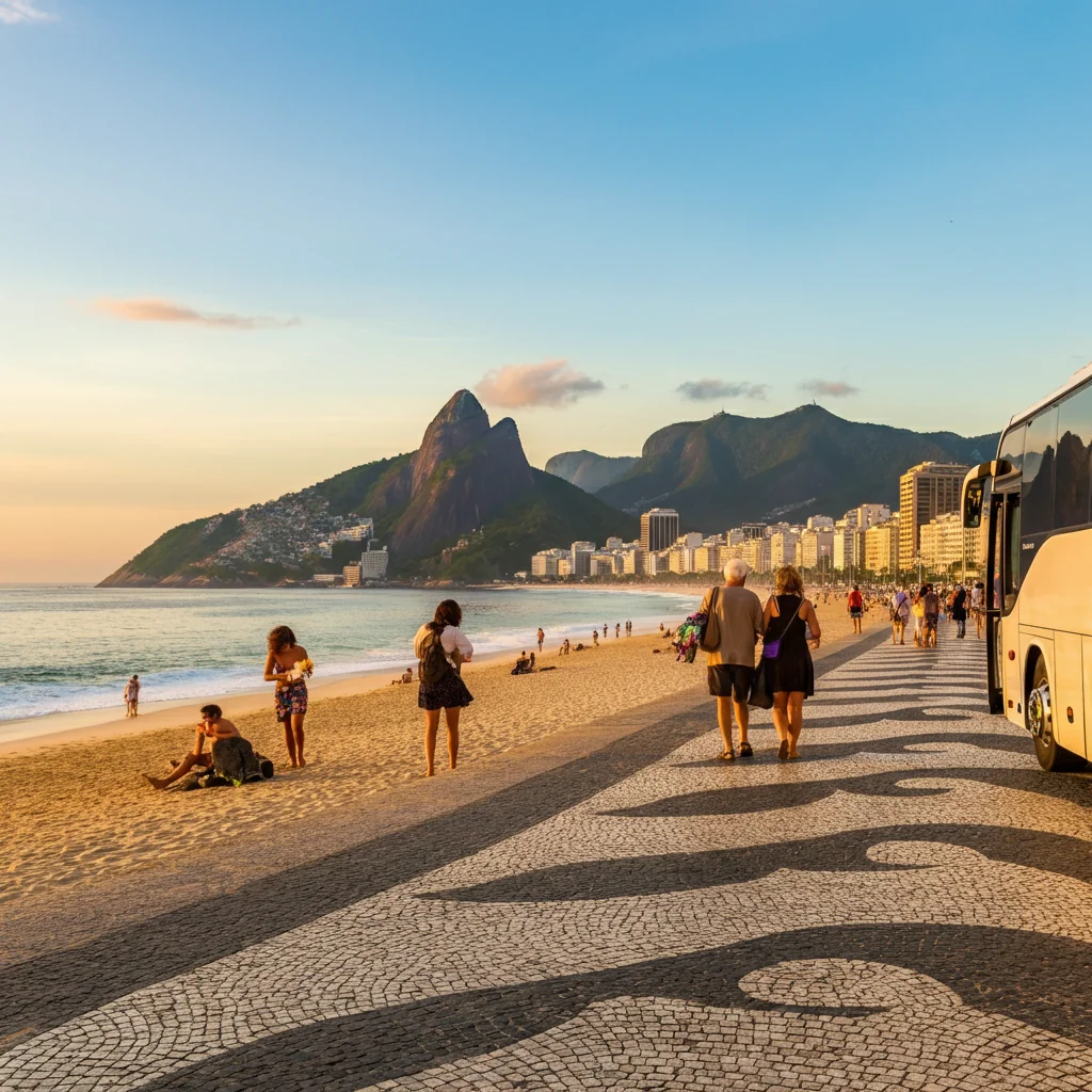 Vista panorâmica da praia de Copacabana com calçadão em mosaico e Pão de Açúcar ao fundo sob céu azul