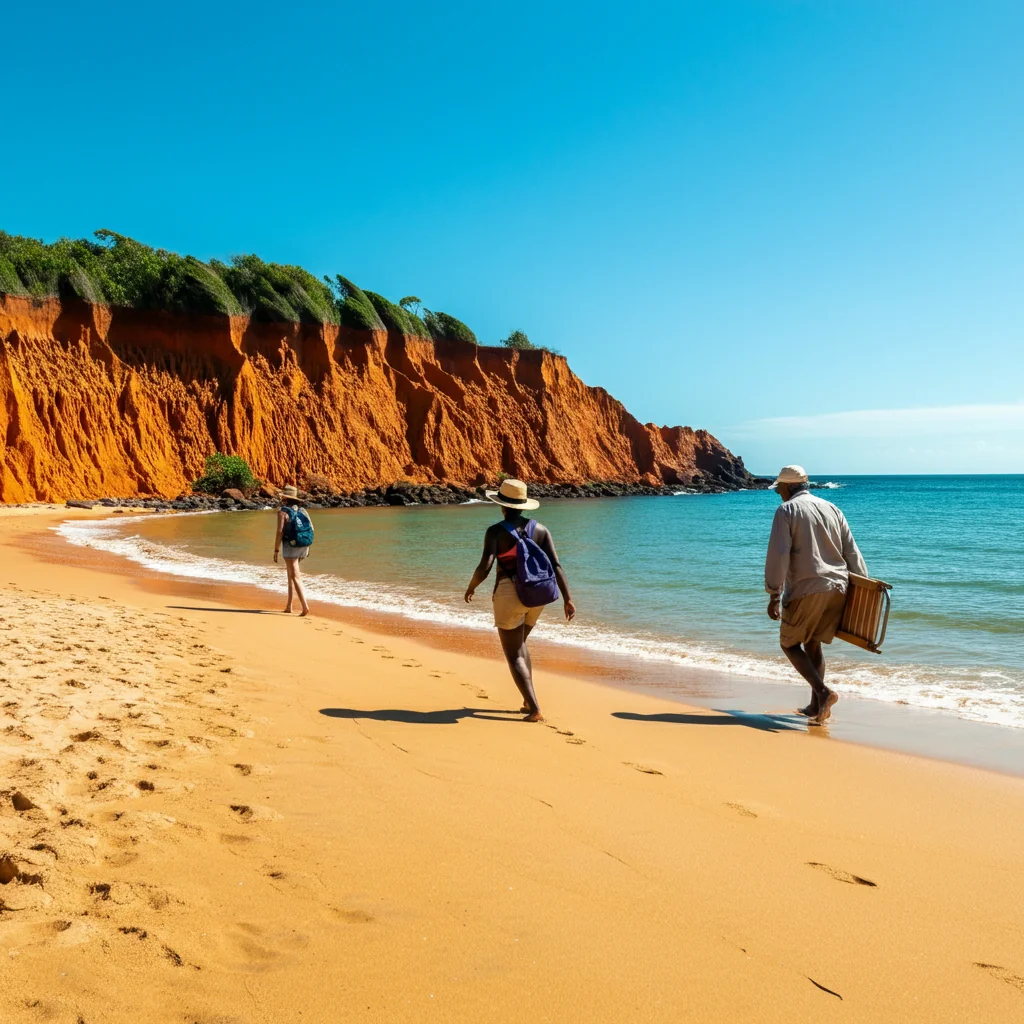 Praia paradisíaca do nordeste brasileiro com águas cristalinas, coqueiros e falésias ao fundo