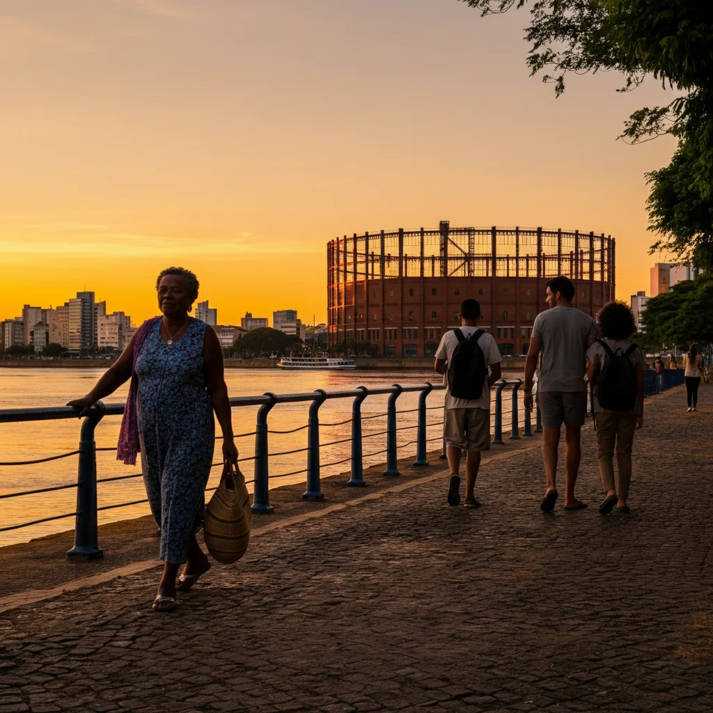 Vista aérea da orla do Guaíba ao entardecer, com pessoas caminhando e o pôr do sol alaranjado refletido na água