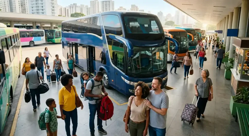 Família embarcando em ônibus de viagem com mochilas durante feriado prolongado de outubro no Brasil