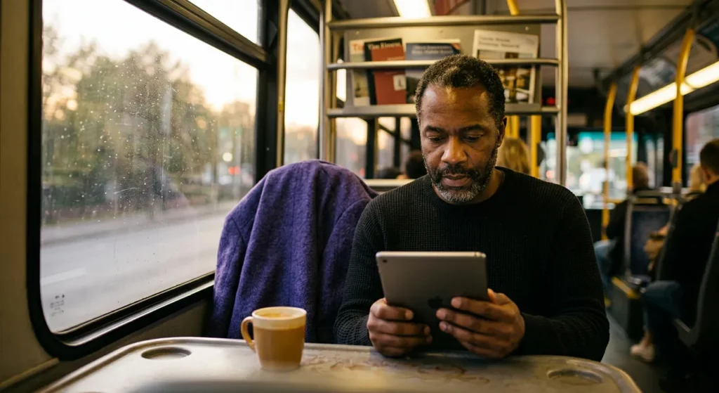 Pessoa pesquisando passagens de ônibus no notebook com smartphone ao lado mostrando aplicativo de viagem