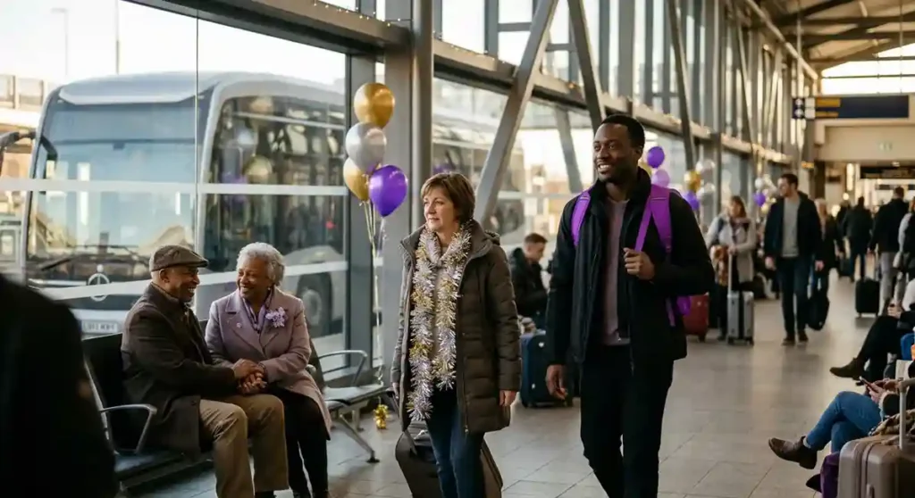 Passageiros embarcando em ônibus para viagem de ano novo com decoração festiva de réveillon